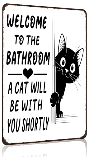 Funnysign Cat Lovers Gifts Welcome To The Bathroom A Cat Will Be with You Tin Sign 8 X 12 Inch for Bathroom Toilet Decor (3996)