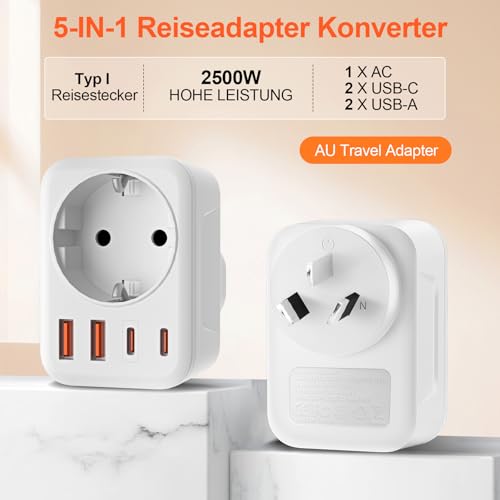 Denlane Adapter Australien, 5 in 1 Reiseadapter Australien mit 1 AC & 2 USB-C & 2 USB-A(3.4A), Adapter China Neuseeland Deutschland Stecker, Adapter Argentinien Fidschi, Reisestecker Typ I