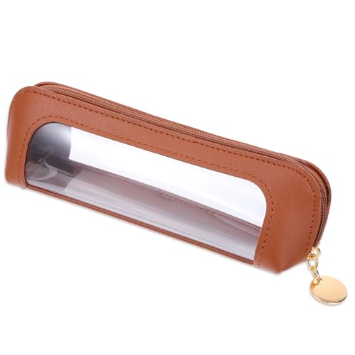 Small Clear Makeup Pouch, PU Leather Makeup Brush Bag Portable Travel Mini Cosmetic Bag Transparent Waterproof Organizer Pouch with Zipper for Women Home Travel Office Cosmetic Storage (Brown)