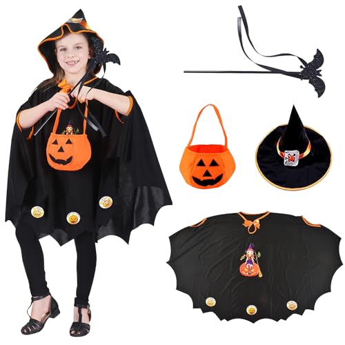 LYNBLY Halloween Kostüm Kinder, Kinderkostüm Fledermaus, Halloween Fledermaus Umhang mit Hut, Kürbis Candy Bag und Zauberstab, für Halloween, Karneval, Bühnenperformance, für Höhe 90-150cm