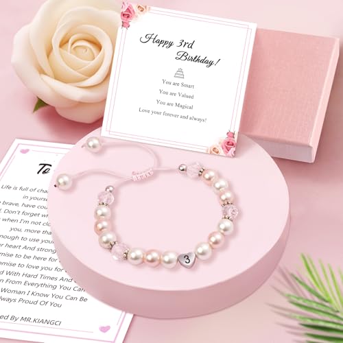 Image of Birthday Gifts for Girls Bracelets, Beaded Bracelets as 1 3 4 5 6 7 8 9 10 11 Year Old Girl Birthday Girls Presents, Adjustable Pearl Bracelet with Letter as Birthdays Girl for Daughter Niece