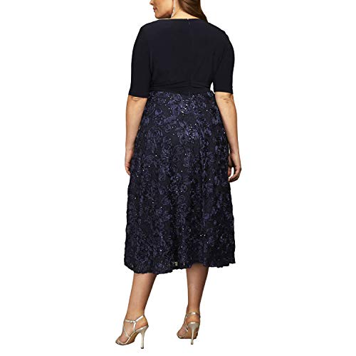 Alex Evenings Women's Plus Size Tea Length Dress With Rosette Detail, Navy Tie Front, 20W #TOP1