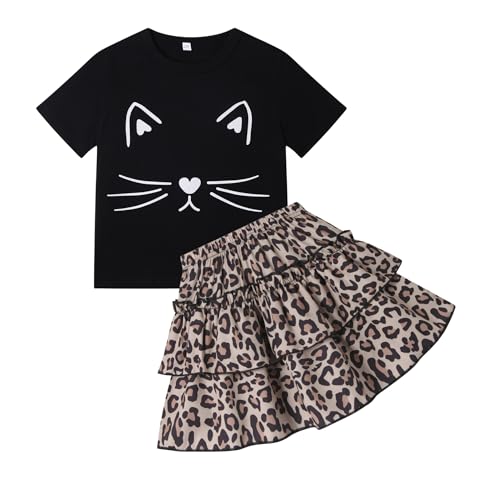 Image of Little Girls Skirt Set - 2 Piece Short Sleeve Top Shirred Tiered Skirt Outfit Girls Spring Summer Clothes 3-8 Years