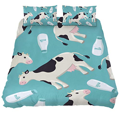 Heoeh Cheerful White Black Spotted Cow And A Bottle Of Milk Pattern Duvet Cover Set Queen Size Kids Bedding Sets Comforter Cover With Soft Lightweight Microfiber 1 Duvet Cover And 2 Pillowcase #TOP1