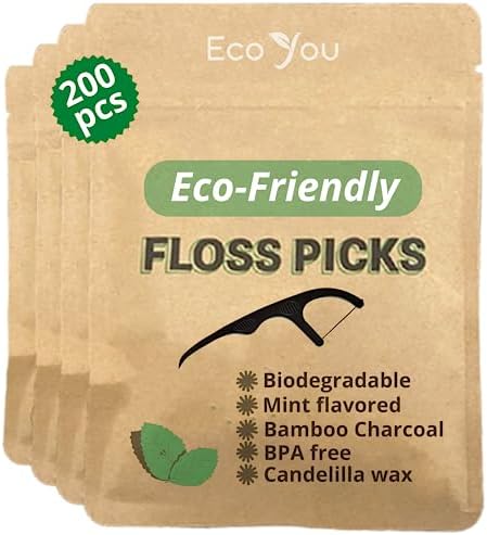 EcoYou Natural Bamboo Charcoal Dental Floss Picks | 200 Count (pack of 4) | Candelilla Wax & Mint Flavored Biodegradable Floss Sticks | Eco Friendly, Plastic Free, Vegan, BPA Free teeth flossers