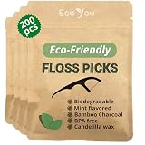 EcoYou Natural Bamboo Charcoal Dental Floss Picks | 200 Count (pack of 4) | Candelilla Wax & Mint Fl