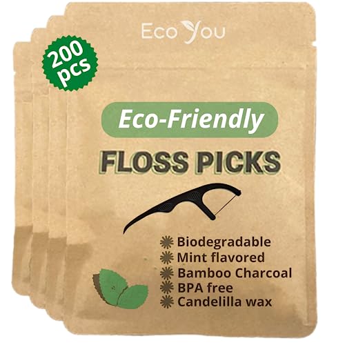 Ecoyou Natural Bamboo Charcoal Dental Floss Picks | 200 Count (Pack Of 4) | Candelilla Wax & Mint Flavored Biodegradable Floss Sticks | Eco Friendly, Plastic Free, Vegan, Bpa Free Teeth Flossers #TOP2
