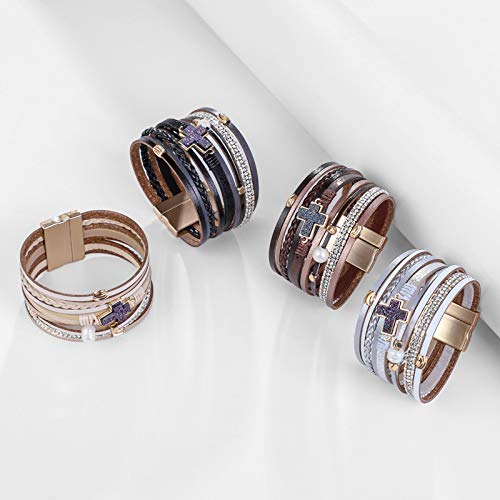 Cross Moon Leather Wrap Bracelets Colorful Bohemian Handmade Braid Bracelet Multilayer Shining Crystal Faux Pearl Bracelet For Women Girls Jewelry-A Beige Cross Bracelet #TOP4