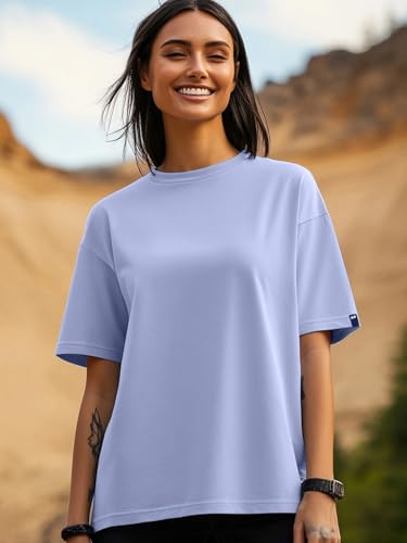Image of Bewakoof Women's Solid Oversized Fit Half Sleeve Round Neck Cotton Jersey T-Shirt
