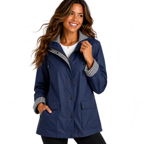 Image of URBAN REPUBLIC Womens Rain Jacket - Lightweight Insulated Water Resistant Slicker Shell Rain Coat Windbreaker for Women, Size Medium, Navy Blue