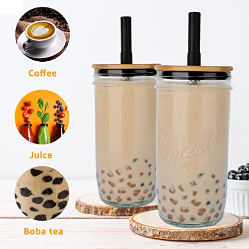Luxgola Glass Tumbler with Lids and Straws 2 Pack, 24oz Glass Drinking Jars with Lids and Straws,Reusable Wide Mouth Mason Jar Iced Coffee Cup,Smoothie Cup Coffee Travel Mug for Car/Home — view 3