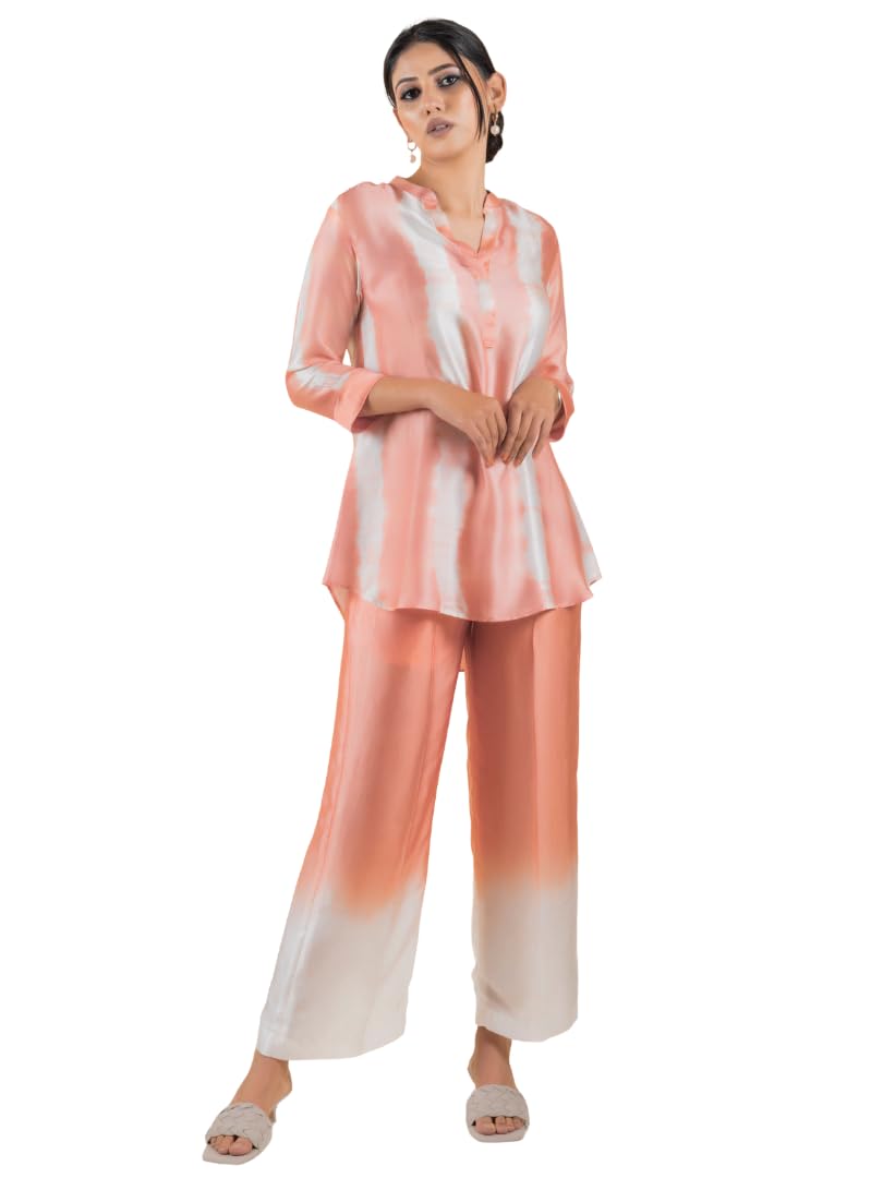 Women's Cotton Tie Dye Print Two-Piece Lounge Set Button-Down Tunic with Palazzo Pants Resort Wear (Peach)-image-34