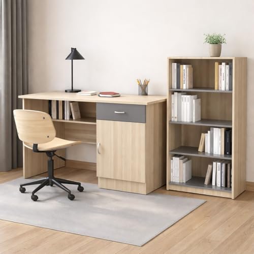 Image of Engineered Wood Study Table 120x60x75cm with Open Book Shelf 60x40x120 CM | Sturdy Computer Desk with Drawer, Cabinet & 4-Tier Book Storage /Display Organizer- Light Brown with Grey