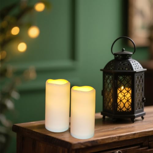 HjingChen 2 Stück Wasserdichte flammenlose Kerzen mit Fernbedienung und Timer,Outdoor-Batterie Betriebene Plastik LED Kerzen elektrische Säulenkerzen für Camping, Hochzeiten
