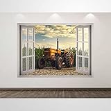 Old Tractor Wall Decal Farm 3D Window Wall Art Sticker Kids Decor Fake Open Window wall art Removabl