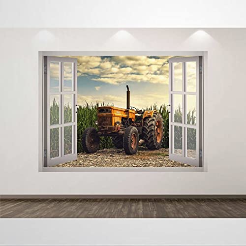 Old Tractor Wall Decal Farm 3D Window Wall Art Sticker Kids Decor Fake Open Window Wall Art Removable Poster Vinyl Decals For Bedroom Living Room Playroom Nursery Office Shop,32'' Dq394 #TOP17