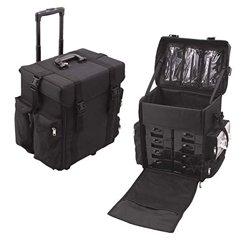 Ver Beauty Soft Sided Professional Rolling Cosmetic Organizer for Makeup Artist Tools, With 8 Removable Plastic Drawers & External Pouches, Black Nylon, VT010-92