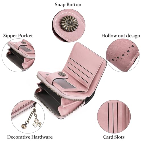 Image of Small Wallet for Women Leather Bifold Compact RFID Blocking with Zipper Coin Pocket