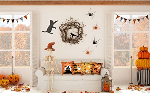 Happy Halloween Pillow Covers 18X18 Set Of 4 Throw Pillow Covers For Sofa Bedroom,Spooky Pumpkin Truck Witch Castle Decorative Throw Pillow Covers Cushion Covers For Home Farmhouse Halloween Decor #TOP4