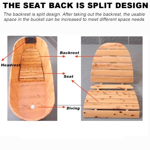 TT-YEC Freistehende Badewanne Aus Natureiche, Tragbare Holzbadewanne Mit Handläufen Und Kopfstütze, Warmwasserbadewanne, Massivholzbadewanne Mit Hocker, Sauna-Spa-Badewanne,L160cm – Bild 7