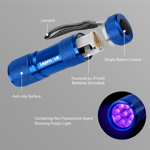 Image of Lepro 365nm UV Flashlight, Small Portable Black Light Detector for Invisible Ink Pens, Dog Cat Pet Urine Stain, AAA Batteries Included, 2 Pack