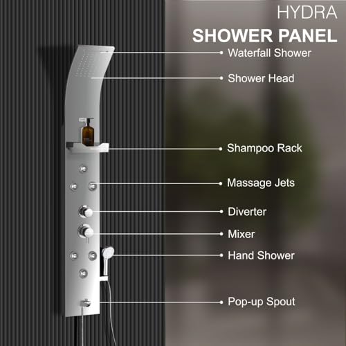 Image of Jaaz Hydra Matte Shower Panel for Bathroom Full Set with Rain & Waterfall Overhead Shower, 6-Body Jets, 5-Function Mixer & Diverter, Shampoo Rack, Hand Shower & Tub Spout (Steel Matte)