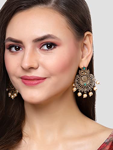 Karatcart Gold Plated Green Floral Design Gloden Pearl Dangler Earrings for Women - Image 3