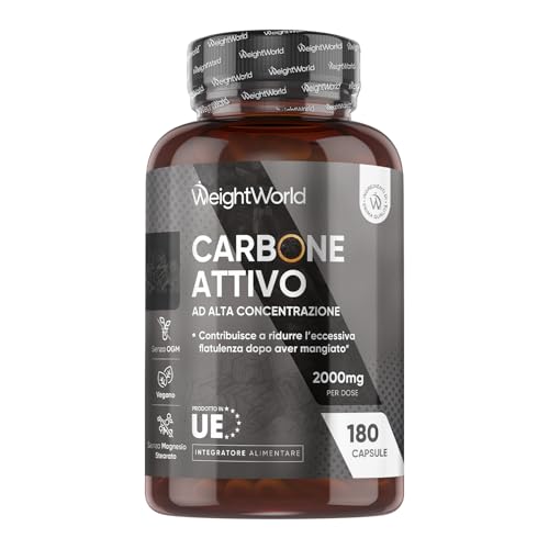 Carbone Vegetale Attivo da 2000mg in 180 Capsule Vegane, Il Carbone Attivo Contribuisce a Ridurre l'Eccessiva Flatulenza Dopo Aver Mangiato (EFSA), Activated Charcoal, Senza Magnesio Stearato né OGM