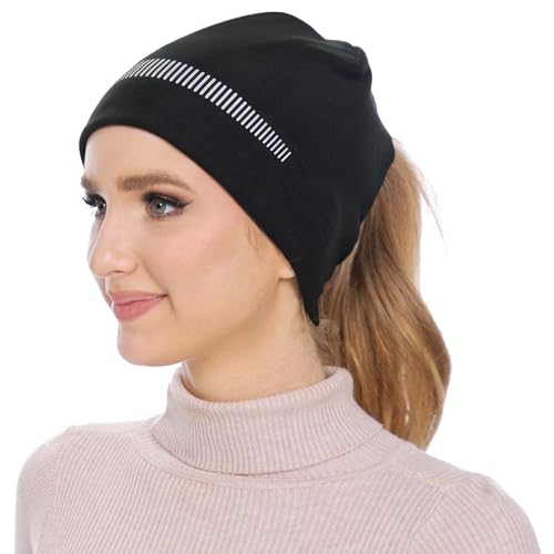 GADIEMKENSD Ponytail Beanie for Women Running Winter Hat with Reflective Accents Thick Warm Skull Cap Messy High Bun Hat for Cold Weather Ski Snowboard Hiking Workout Golf Black