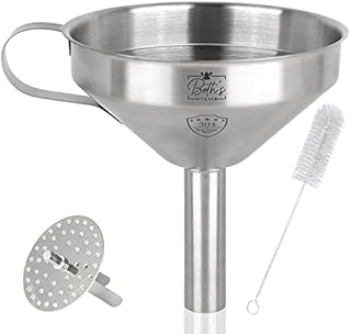 Beth's Kitchen Stainless Steel Funnel with Removable Filter for Transferring Liquids, and Filling Bottles and Containers (10.5cm)