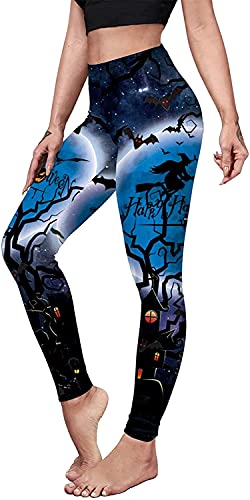 Kamviluer Halloween Leggings Frauen Halloween Kostüm Leggings Workout Laufen Skelett eng Stretch Lustige Hosen, B Hexenschläger Cover