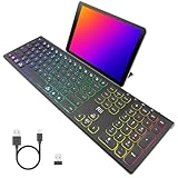 【Aufladbarer AkkU】Die Bluetooth Tastatur verfügt über einen integrierten 2700mA-Akku. Die Tastatur kann im Schnelllademodus in 2 bis 3 Stunden vollständig aufgeladen werden; eine vollständig aufgeladene Tastatur kann bis zu 18 Stunden im beleuchteten Modus und bis zu 180 Stunden im unbeleuchteten Modus betrieben werden und bietet Ihnen so leistungsstarke Energie für Ihre Arbeit und Ihr Studium.