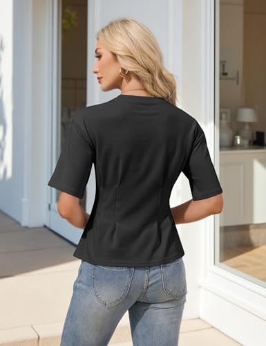 DATAMOUNT Women's Peplum Top, Cinched Waist Short Sleeve Crew Neck Black - image 5