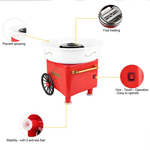 Zuckerwattemaschine 450-550 W Zuckerwatte 2 Heizröhren mit 10 Stäbchen Edelstahl Alu,Retro Cotton Candy Machine mit 10 Stäbchen und Zuckermessbecher,Rot (31 * 31 * 30cm) – Bild 3