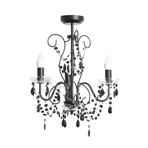 ValueLights | Black 3 Way Ceiling Light Chandelier Fitting with Clear Acrylic Jewel Droplets | Chandeliers, Home Décor & Improvement Essential | Mains Wired