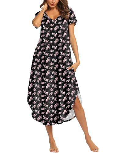 Image of Ekouaer Long Nightgowns for Women Short Sleeve House Dress with Pockets V Neck Sleepshirts Side Split Sleepwear S-4XL