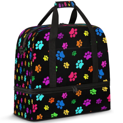 Colorful Dog Paw Print Foldable Travel Duffel Bag Tote, Dog Cat Paw Print Lightweight Luggage Sports Gym Bag with Shoes Compartment Weekender Overnight Bag for Women & Men