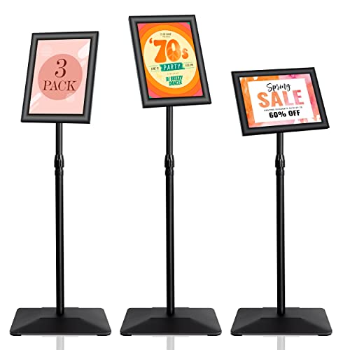 Vaiigo 3 Packs Heavy Duty Pedestal Poster Sign Stand, 8.5"X11" Adjustable Floor Standing Sign Holder With 6.6Lbs Solid Steel Base For Vertical And Horizontal View Sign Displayed Stands, Black #TOP13