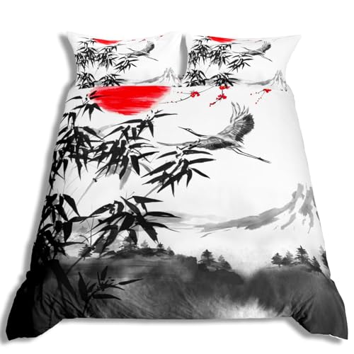 Homewish Juego de funda de edredón de estilo japonés, diseño de grulla de montaña, tamaño doble, para niños, adolescentes, adultos, hojas de bambú, decoración de dormitorio, gris y blanco
