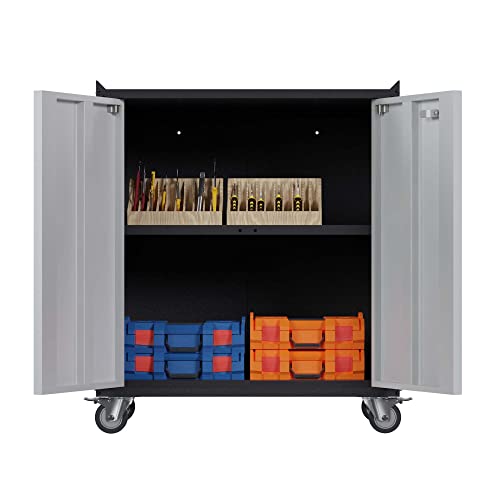 Metal Storage Cabinet With Wheels, Mobile Garage Cabinet With Locking Doors And One Adjustable Shelf, Lockable Storage Cabinet For Utility Room, Home, Office #TOP29