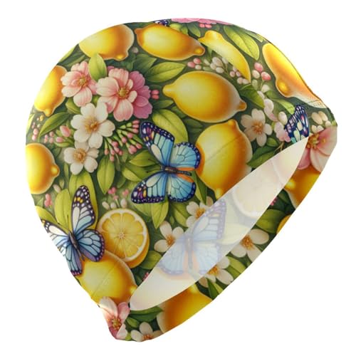 susiyo Lemon Flowers Butterfly Mens Swim Caps Polyester Swimming Hat for Adult and Youth