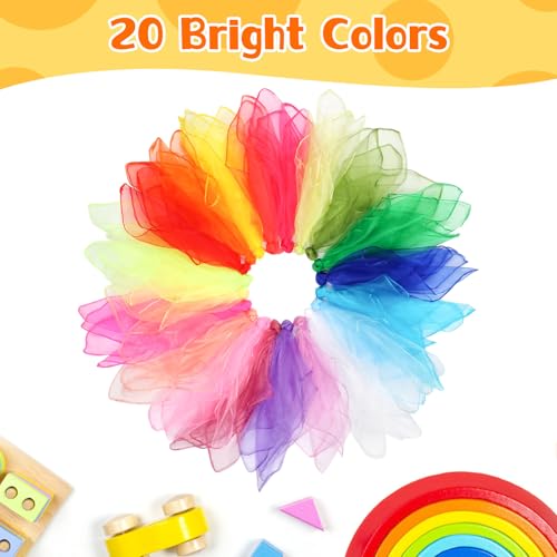 Okxiri Juggling Scarves for Kids Play, 20/40/60 Pcs Available, 24 Inch Play Scarves for Toddlers, Dance, 20 Colors - 20 Pcs