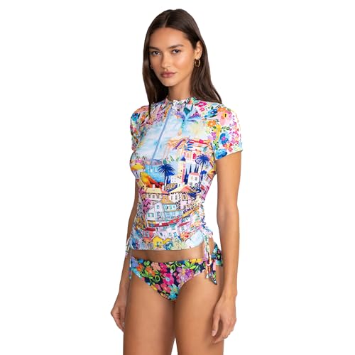 Johnny Was Cannes Drawstring Surf Shirt Short Swim Rush Guard White Blue Top New2