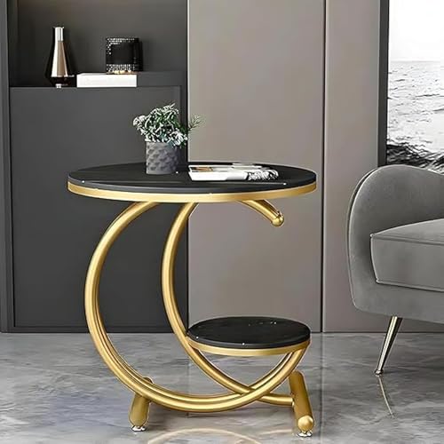 Image of Simple Sofa Side Cabinet Bedside Table Round Tea Table Elegant Coffee Table for Living Room with Balcony Contemporary Accent Corner Table End Table (Black & Gold)