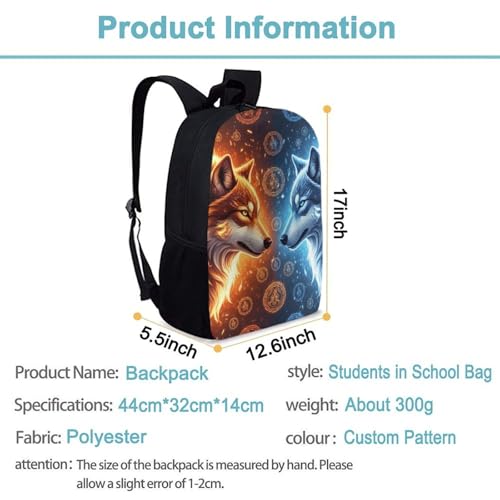 Travel Hiking Backpack Water Ice Fire Flame Wolf (3) Work Casual Daypack Bag Backpack Lightweight Back Pack Bookbag3