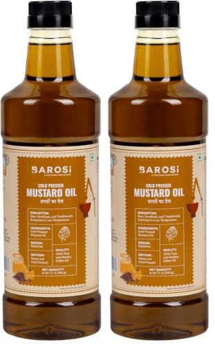 Image of BAROSI [Wood Cold Pressed Mustard Oil - 1L] | Kachi Ghani | Pure, Natural & Organic, Unrefined for Healthy Cooking (Sarso Tel) | Kolhu /Kacchi Ghani /Chekku | Perfect blend of Health, Taste & Aroma