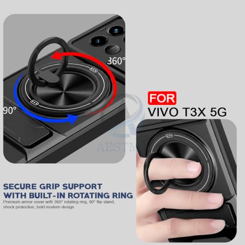 Image of AESTMO Vivo T3X 5G Back Cover | Armor Camera Slider 360 Degree Rotating Finger Ring Holder Case with Bracket Stand Back Case Cover (Compatible with MagSafe Accessories) (Black)