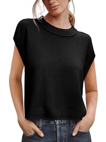 Image of Saodimallsu Womens Cap Short Sleeve Sweater Vest Summer Casual Crew Neck Loose Knit Lightweight Pullover Tank Tops