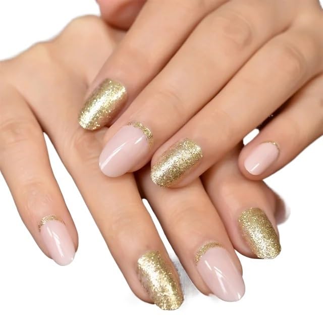 UñAs Postizas Uñas postizas brillantes con purpurina cortas reutilizables(L5771)