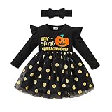 Robes De Cocktail Pour Invité De Avec Manches Enfant en bas âge filles Halloween robes à manches longues enfants dessin animé lettre imprime Dot Tulle robe de princesse Mini Jupe (Black, 3-4 Years)